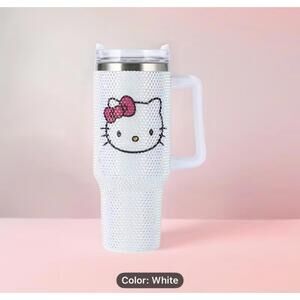 Sanrio New White Rhinestone Hello Kitty 40 oz Travel Mug with Handle Straw & Lid